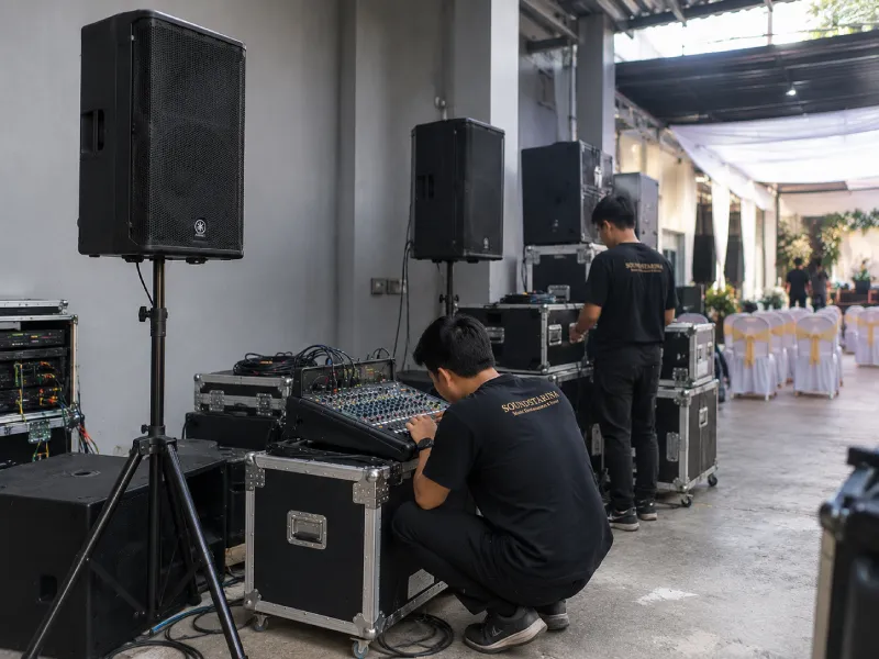Proses instalasi dan sound check sound system sebelum acara dimulai