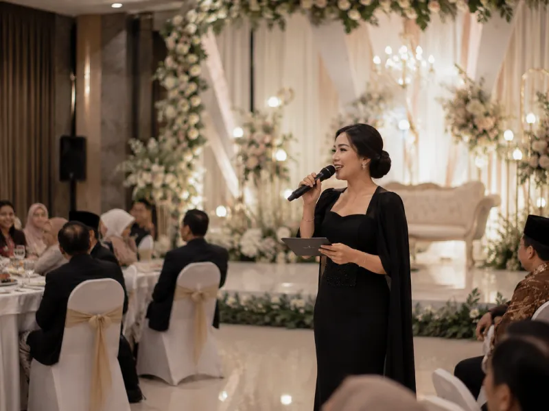 MC membawakan prosesi akad dan resepsi pernikahan di venue Jakarta Timur