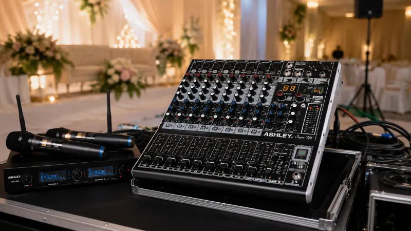 Microphone wireless dan mixer audio dalam paket sound system wedding Soundstarina