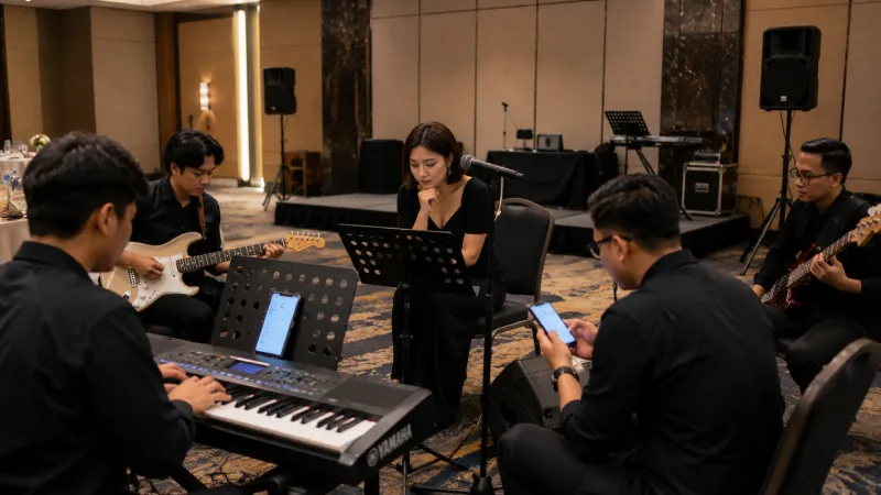 Musisi Soundstarina menyiapkan playlist dan rehearsal sebelum hari acara wedding
