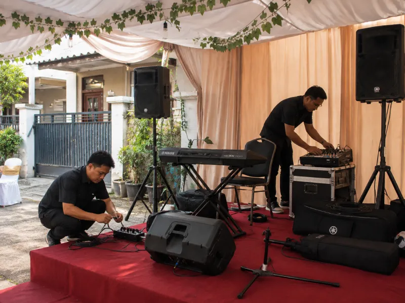 Penataan organ tunggal dan sound system pendukung sebelum acara dimulai