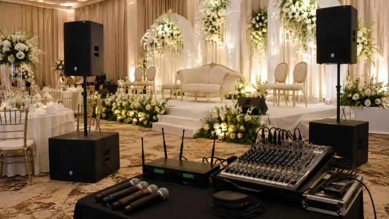 Setup sound system dan mic wireless untuk resepsi pernikahan di Jakarta Timur