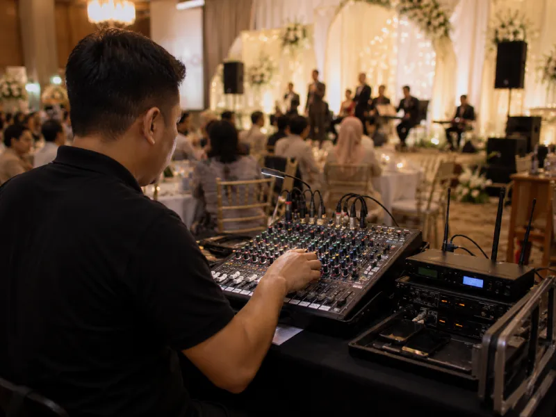 Soundman Soundstarina mengoperasikan mixer selama acara berlangsung