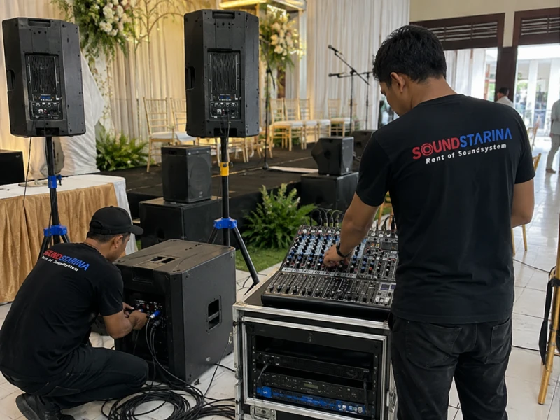 Teknisi Soundstarina memasang sound system dan mengatur mixer di venue acara