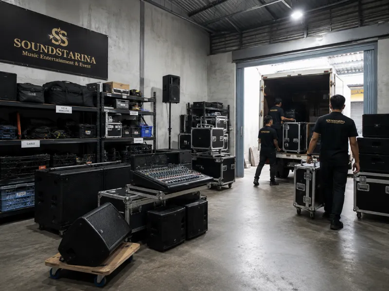 Kru Soundstarina memuat peralatan sound system dari basecamp Cipayung, Jakarta Timur